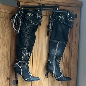 Black Denim Embroidered/Embellished Spike heels Women's Boots